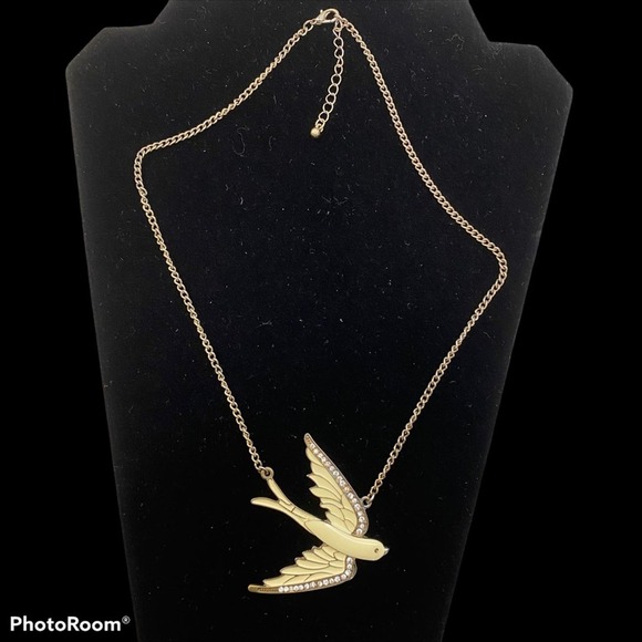 Gold and Ivory Enamel Flying Peace Dove Bird with Rhinestones Necklace - Picture 3 of 6